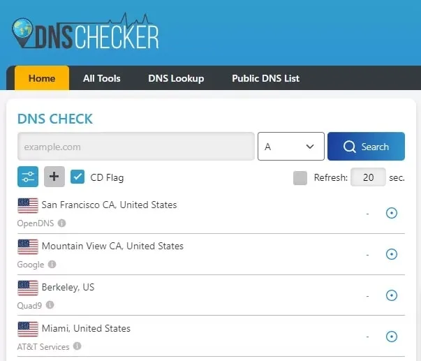 اسکرین‌شات ابزار DNS Checker که وضعیت انتشار رکوردهای DNS را از نقاط مختلف جهان نشان می‌دهد.