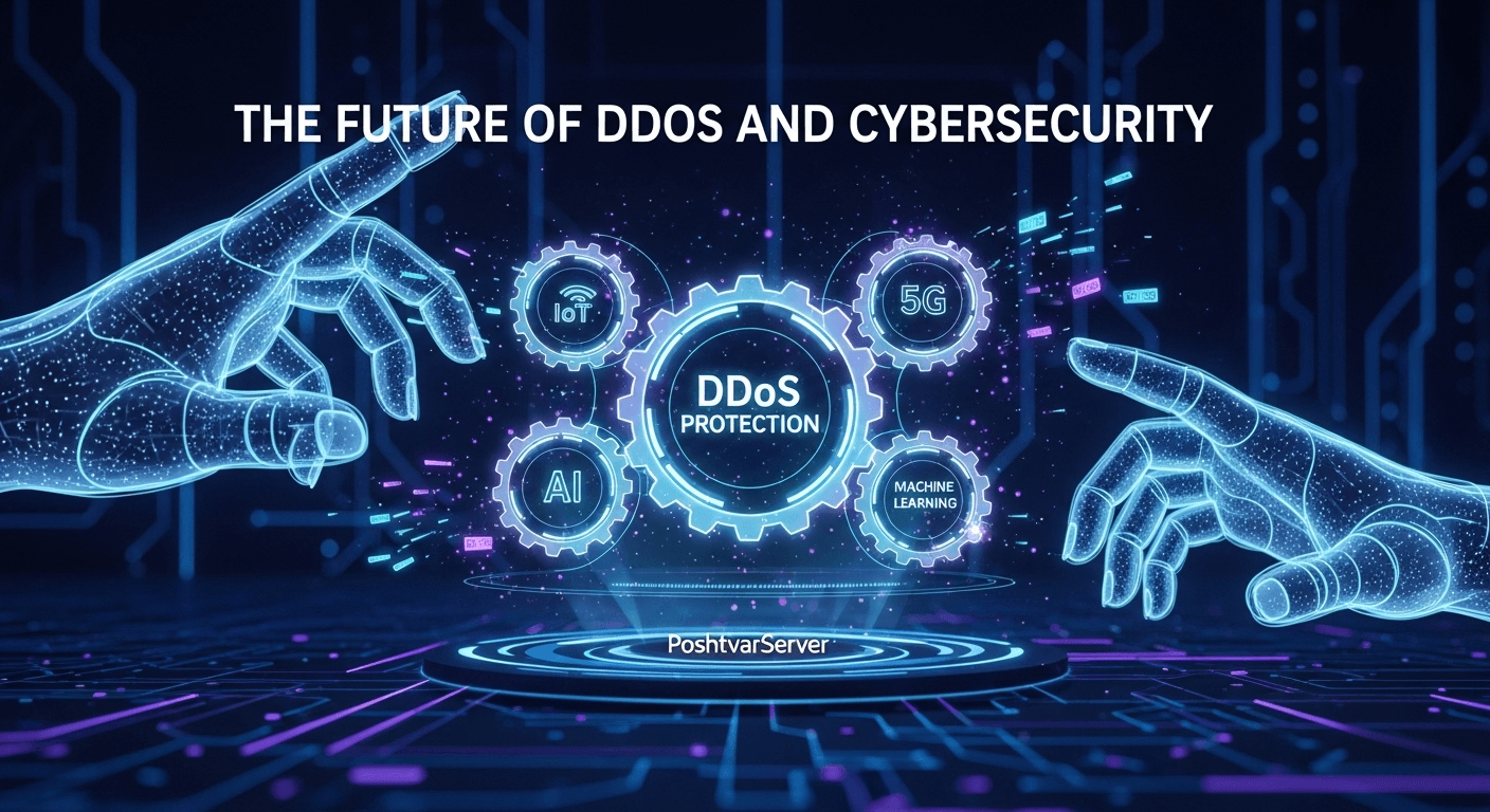 تصویر مفهومی از آینده DDoS و امنیت سایبری با نمادهای IoT، 5G و هوش مصنوعی، که به نقش AI در حفاظت در برابر DDoS اشاره دارد.
