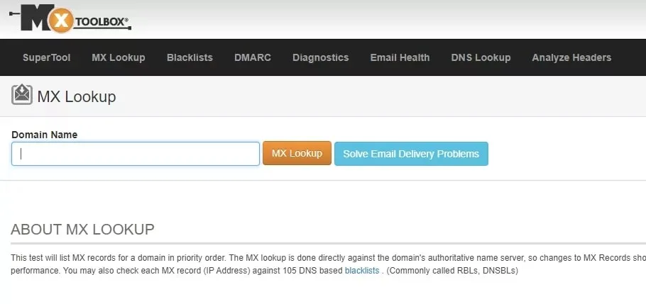 اسکرین‌شات ابزار MxToolbox برای بررسی رکوردهای DNS، یکی از بهترین ابزارهای بررسی DNS رکورد.