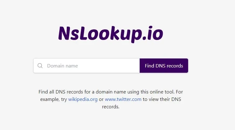 اسکرین‌شات ابزار آنلاین Nslookup.io برای یافتن رکوردهای DNS، جایگزینی برای ابزارهای خط فرمان.