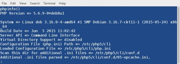 خروجی دستور phpinfo در PHP CLI که به دلیل فعال بودن pager، به صورت صفحهبندی شده نمایش داده میشود.
