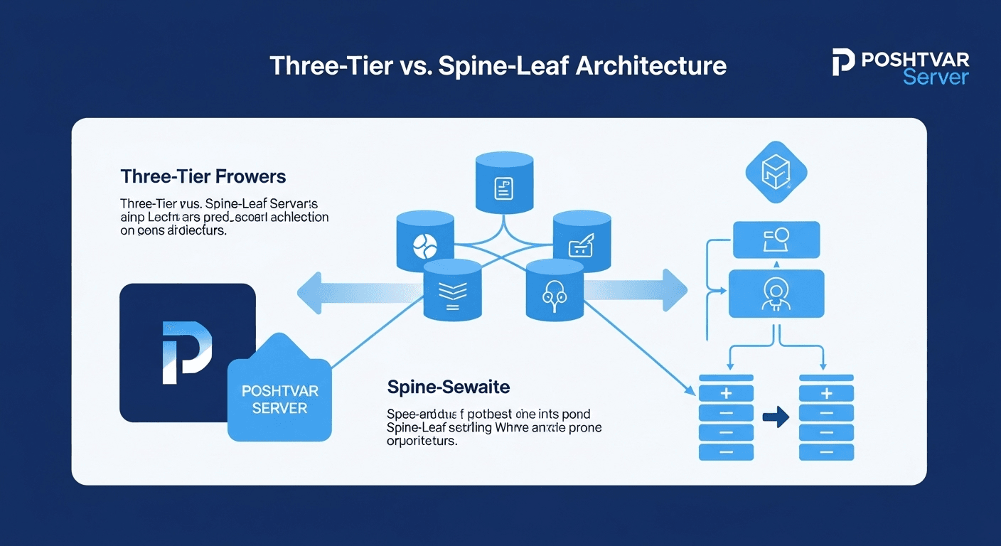 اینفوگرافیک مقایسه معماری Spine-Leaf و Three-Tier در شبکه دیتاسنتر و معماری آن.