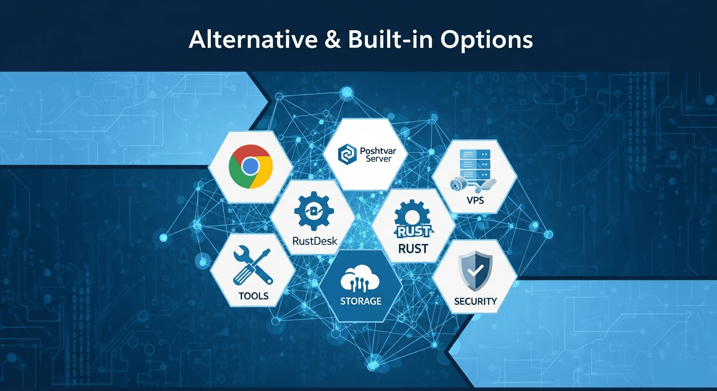 تصویر کلاژ از جایگزینهای AnyDesk و RDP شامل Chrome Remote Desktop، VPS و RustDesk.