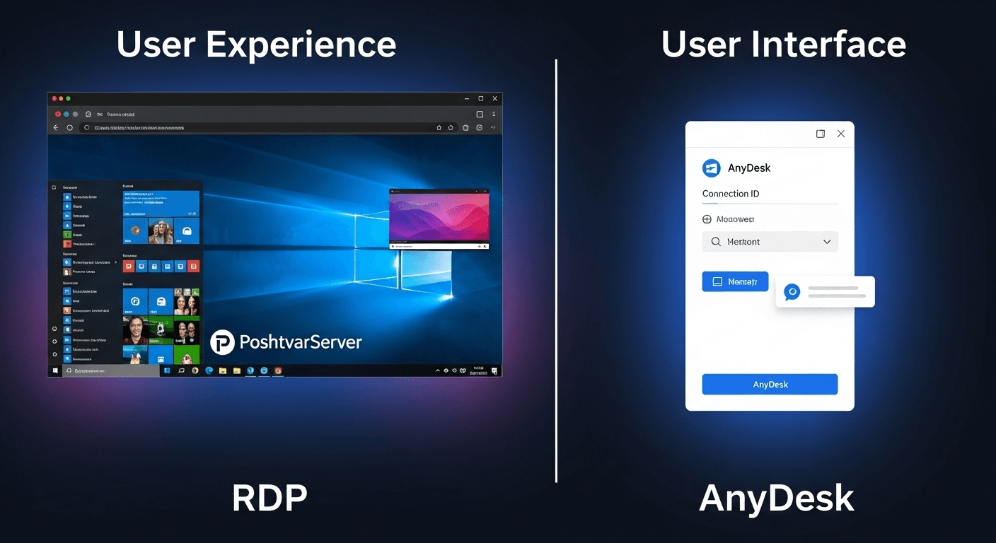 تصویر مقایسهای از رابط کاربری کامل RDP در مقابل رابط مینیمال AnyDesk، بخشی از مقایسه AnyDesk و RDP.