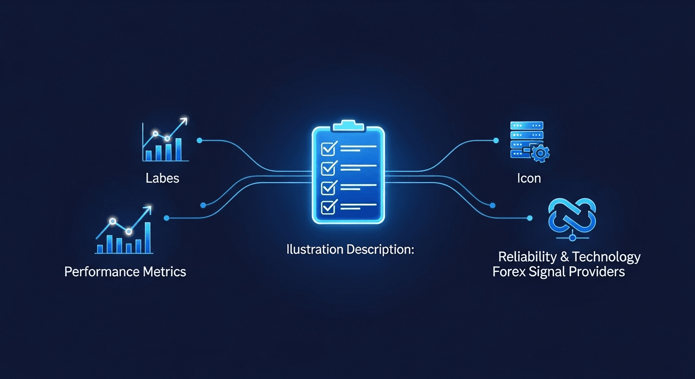 تصویر اینفوگرافیک از معیارهای انتخاب بهترین ارائه‌دهندگان سیگنال فارکس شامل عملکرد، قابلیت اطمینان، فناوری و هزینه.