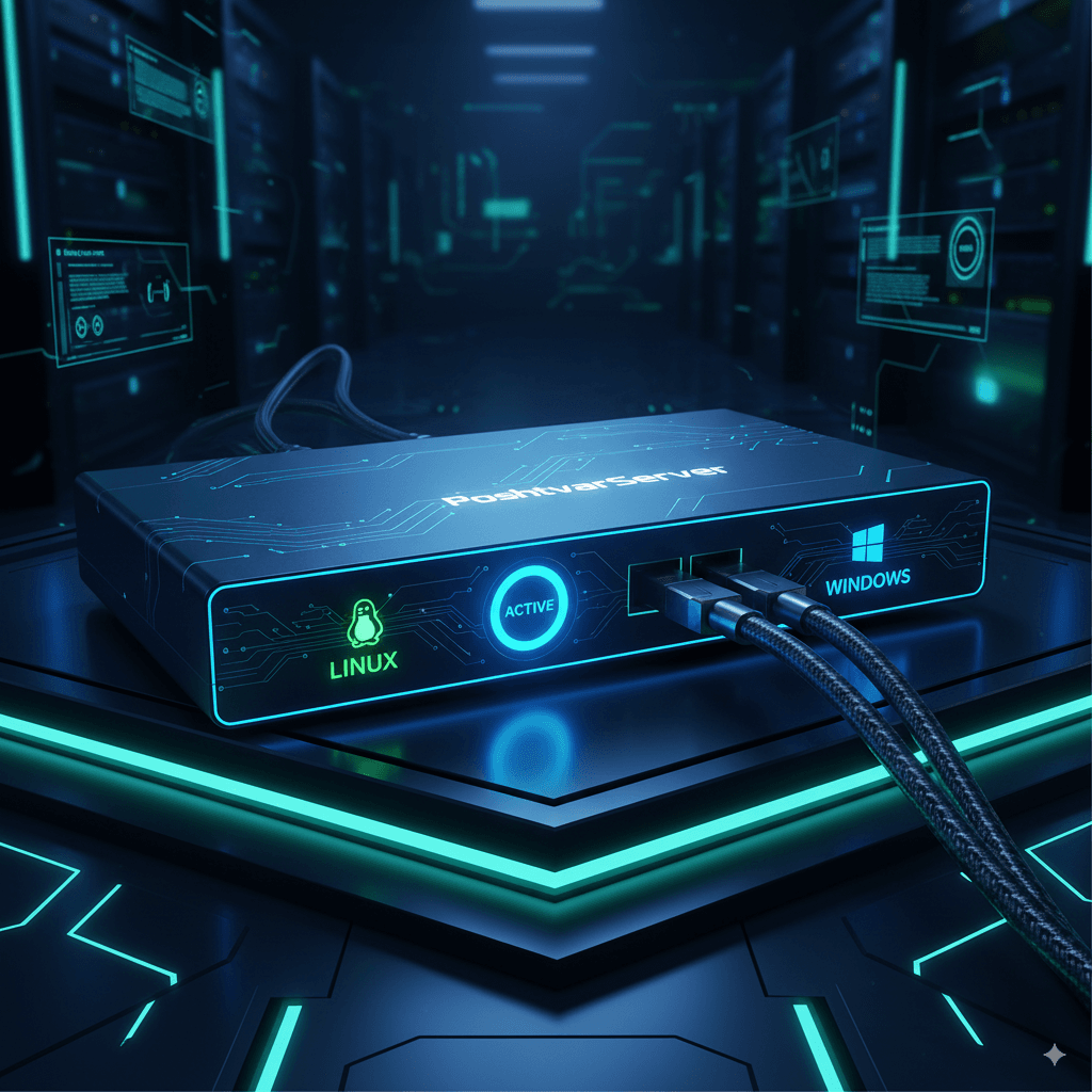 تصویر یک KVM Switch که بین لینوکس و ویندوز سوئیچ می‌کند، نمادی از انتخاب بین هاست لینوکس یا ویندوز.