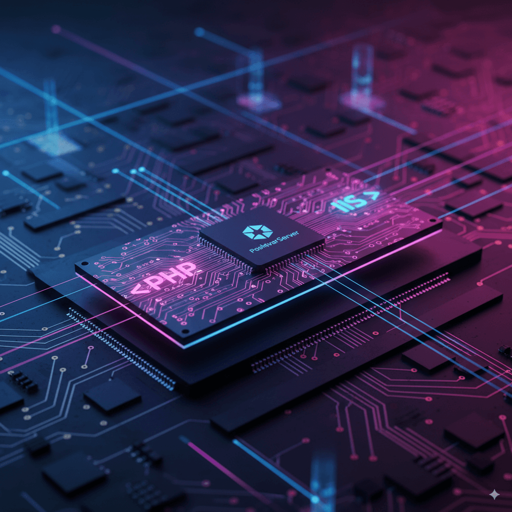 تصویر یک حافظه SSD با برچسب‌های PHP و IIS، که تفاوت هاستینگ لینوکس و ویندوز در سازگاری با تکنولوژی‌ها را نشان می‌دهد.