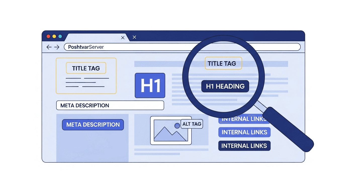 تصویر مفهومی از یک صفحه وب در حال آنالیز برای عناصر سئو On-Page مانند تگ عنوان، متا دیسکریپشن و تگ‌های H1.