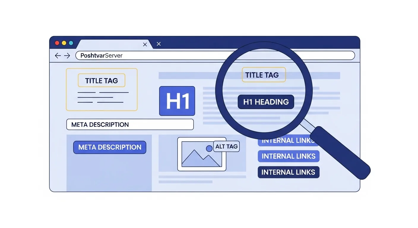 تصویر مفهومی از یک صفحه وب در حال آنالیز برای عناصر سئو On-Page مانند تگ عنوان، متا دیسکریپشن و تگ‌های H1.