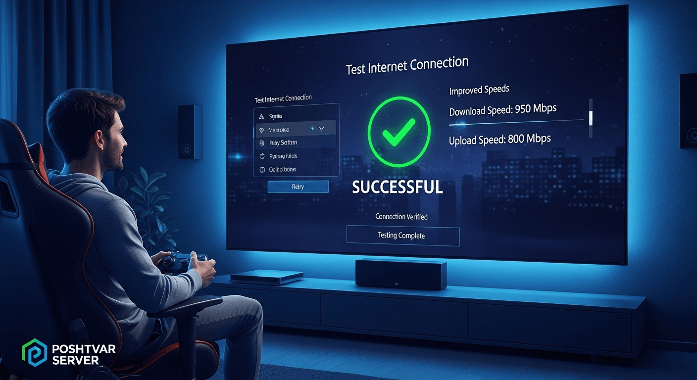 تصویر یک گیمر در حال مشاهده صفحه تست اتصال موفقیتآمیز در PS4 پس از تغییر DNS برای کاهش پینگ و لگ با DNS.