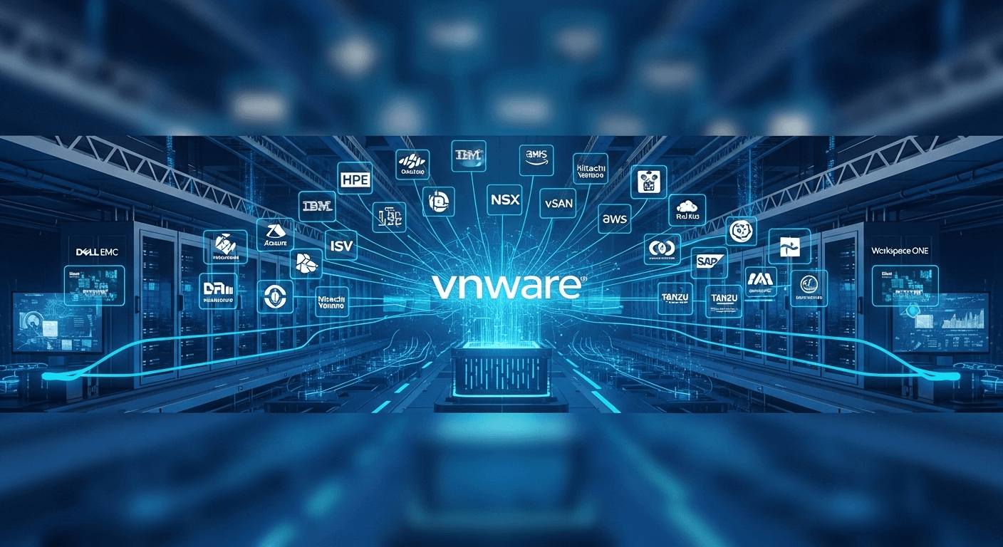 تصویر یک اکوسیستم دیجیتال پیچیده با لوگوی VMware در مرکز، نمادی از مزایای VMware و سازگاری گسترده سخت‌افزاری آن.