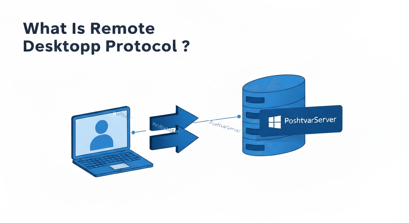 تصویر مفهومی از پروتکل ریموت دسکتاپ (RDP) که یک کاربر را به یک سرور ویندوزی متصل میکند، بخشی از مقایسه AnyDesk و RDP.