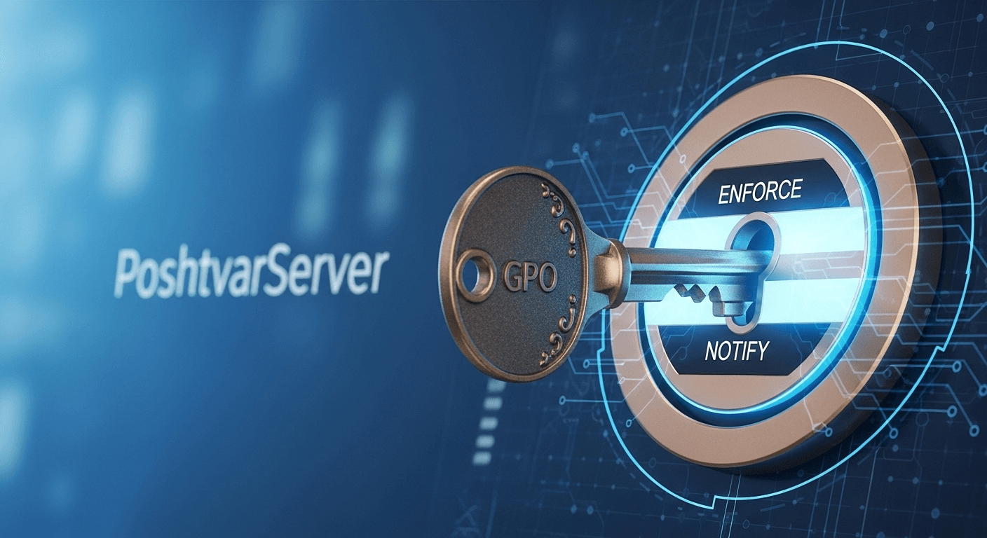 تصویر یک قفل امنیتی با کلمات Enforce و Notify، نمادی از کنترل آپدیتها با استفاده از راهنمای Group Policy و Registry.