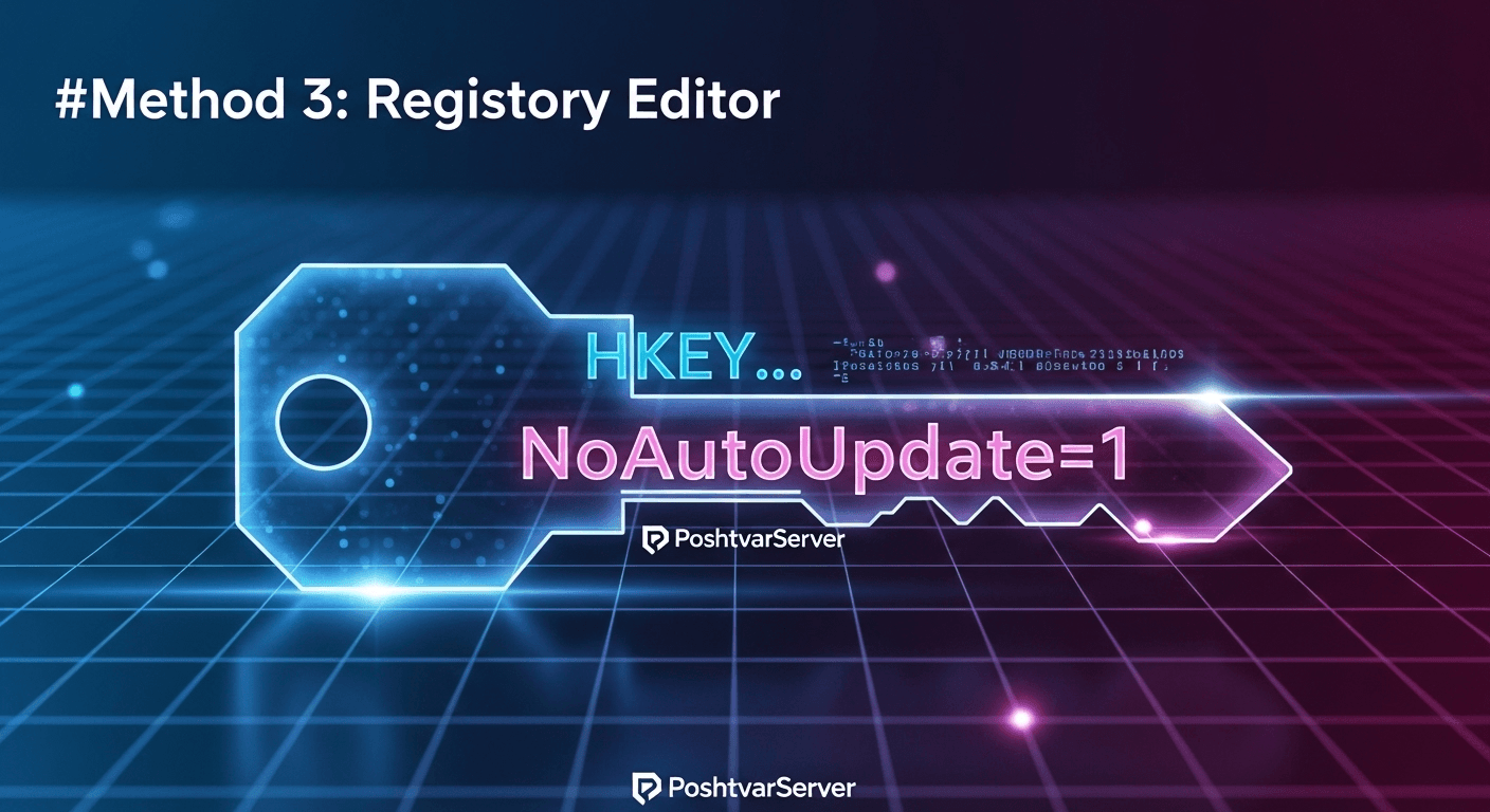 تصویر یک کلید رجیستری دیجیتال با عبارت NoAutoUpdate=1، نمادی از راهنمای Group Policy و Registry برای مدیریت بهروزرسانی ویندوز ۱۰.