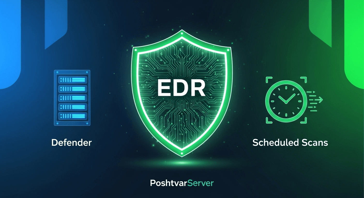 تصویر یک سپر امنیتی دیجیتال با عبارت EDR، نمادی از استفاده از Microsoft Defender و EDR برای امنیت سرور مجازی ویندوز.