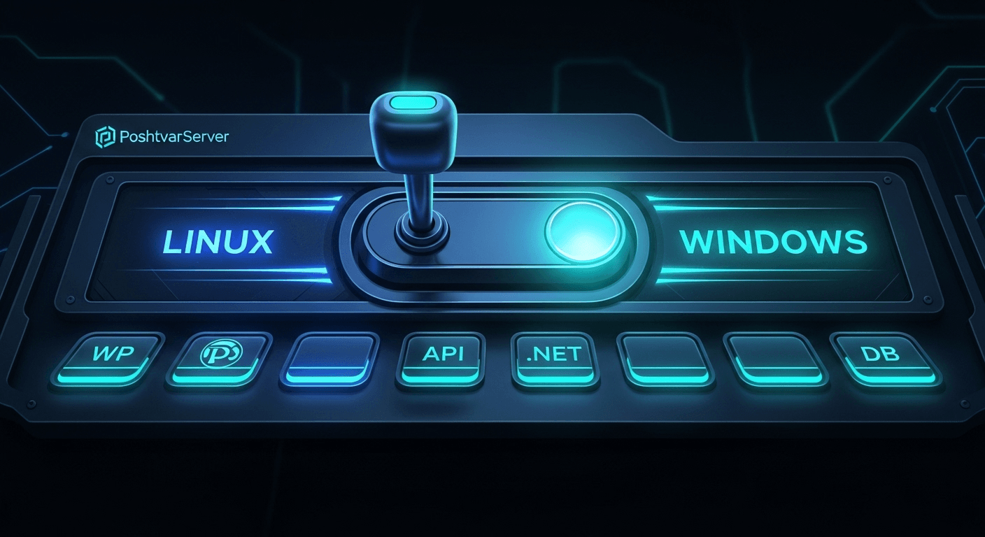 تصویر یک کنترل پنل با سوئیچ بین لینوکس و ویندوز، نمادی از راهنمای انتخاب بین هاست لینوکس یا ویندوز بر اساس سناریو.