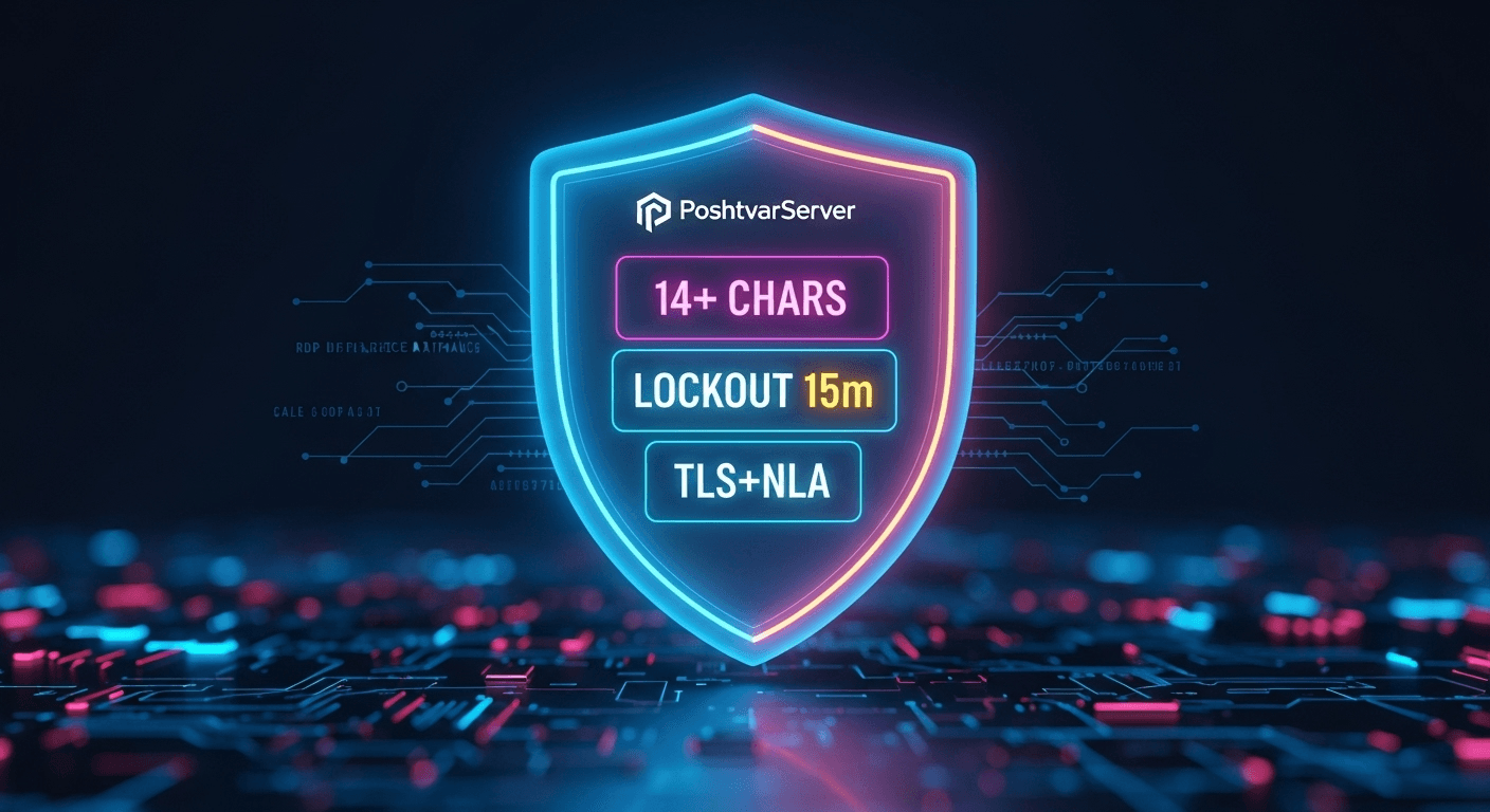 تصویر یک سپر امنیتی دیجیتال با برچسب‌های 14+CHARS, LOCKOUT 15m, TLS+NLA، نمادی از کنترل‌های پیشرفته برای امن‌سازی RDP در ویندوز سرور.