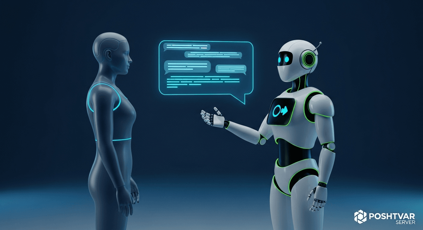  تصویر مفهومی از یک چت‌بات هوش مصنوعی که با کاربر در حال تعامل است و پشتیبانی 24/7 مشتری را در وردپرس ارائه می‌دهد.