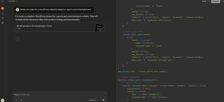 اسکرین‌شات از رابط کاربری تولید کد با AI که کد PHP را برای توسعه وردپرس با AI پیشنهاد می‌دهد.