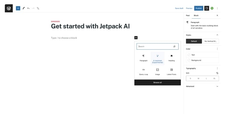 اسکرین‌شات از پلاگین Jetpack AI در ویرایشگر گوتنبرگ وردپرس برای تولید و مدیریت خودکار محتوا با هوش مصنوعی.