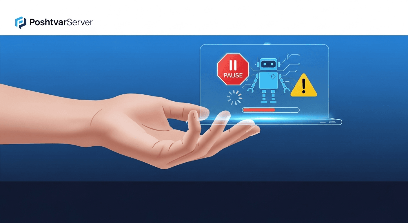 تصویر دستی که یک تبلت با ربات هوش مصنوعی را کنترل میکند، نمادی از نظارت انسانی بر AI و امنیت مرورگرهای هوشمند.