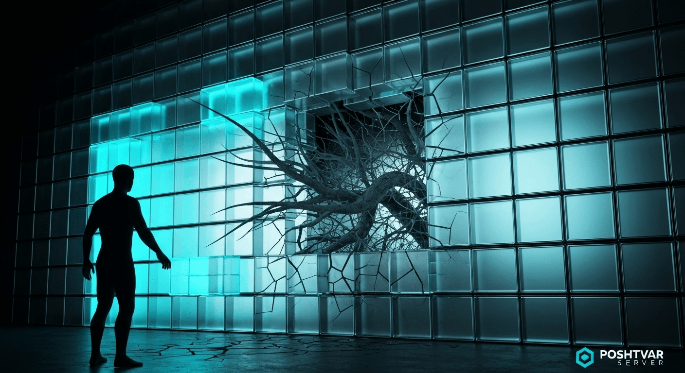 تصویر مفهومی چالش‌های امنیت سایبری که تهدیداتی مانند فیشینگ (قلاب ماهیگیری) و رمز عبور ضعیف در حال نفوذ به یک دیوار دفاعی هستند.