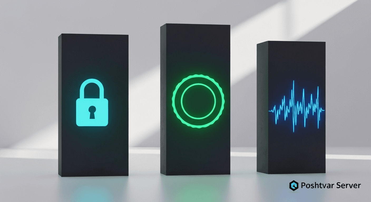 اینفوگرافیک زیبا که مثلث امنیت سایبری شامل سه اصل محرمانگی (قفل)، یکپارچگی (مهر تایید) و در دسترس بودن (نمودار آپتایم) را نشان می‌دهد.