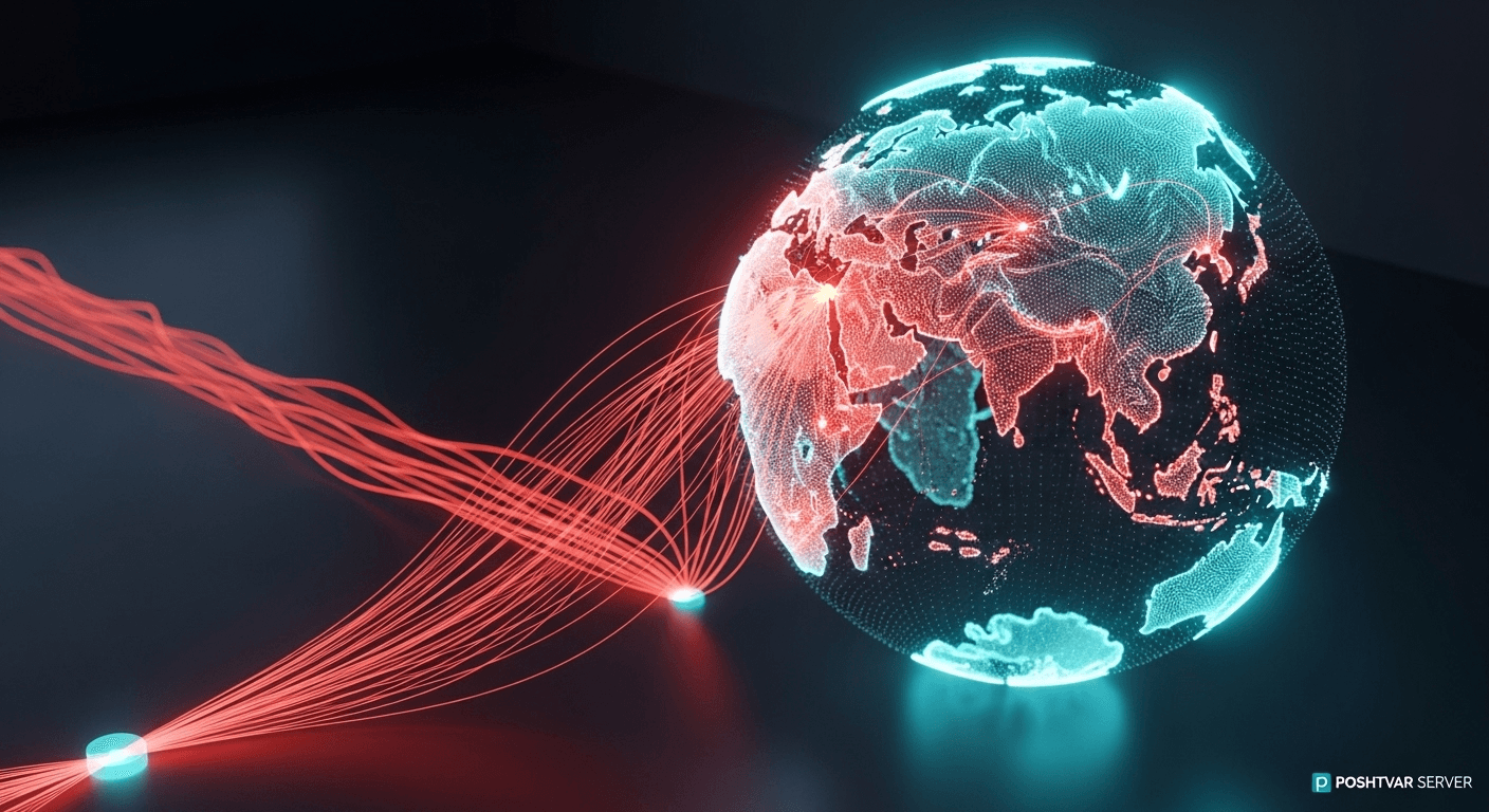 کره زمین هولوگرافیک که نقاط قرمز رنگ بر روی آن، منابع اصلی جغرافیایی یک حمله دیداس در سراسر جهان را نشان میدهد.