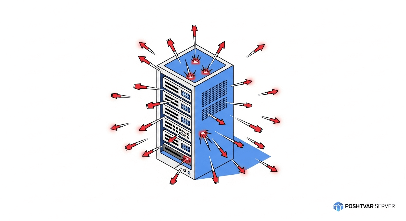 تصویر هنری از یک حمله DDoS که به صورت طوفان دیجیتال قرمز رنگ، یک هسته سرور امن و درخشان را هدف قرار داده است.
