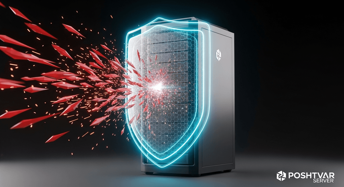 یک سرور مدرن که توسط یک سپر انرژی درخشان در برابر حملات DDoS محافظت میشود و نماد راهکارهای پیشرفته امنیت شبکه است.