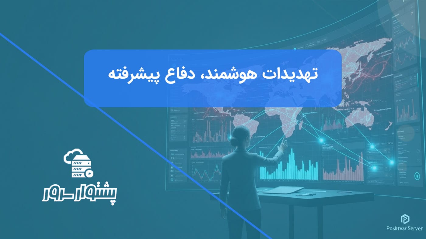 تصویر شاخص هنری از یک تحلیلگر امنیتی که در حال مقابله با یک حمله DDoS جهانی بر روی یک نمایشگر هولوگرافیک است و نماد دفاع پیشرفته است.