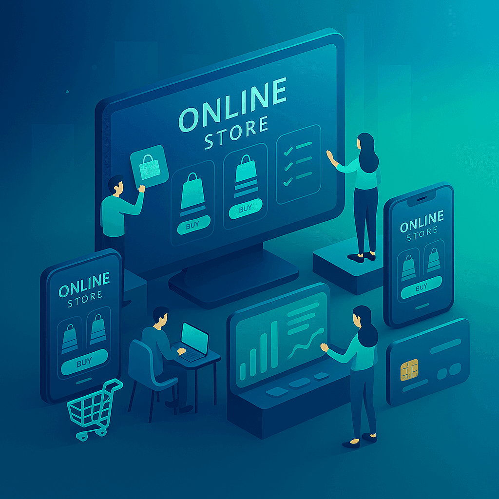 تصویر طراحان وب در حال ساخت فروشگاه اینترنتی — طراحی فروشگاه آنلاین با پشتوار سرور