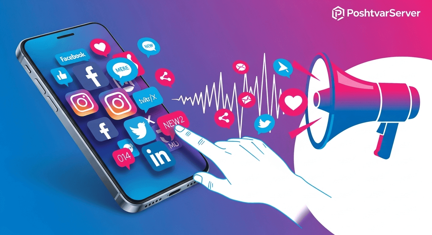 تصویر یک گوشی هوشمند با نمادهای شبکههای اجتماعی و بلندگو، نمادی از بازاریابی شبکههای اجتماعی برای افزایش ترافیک وب سایت.