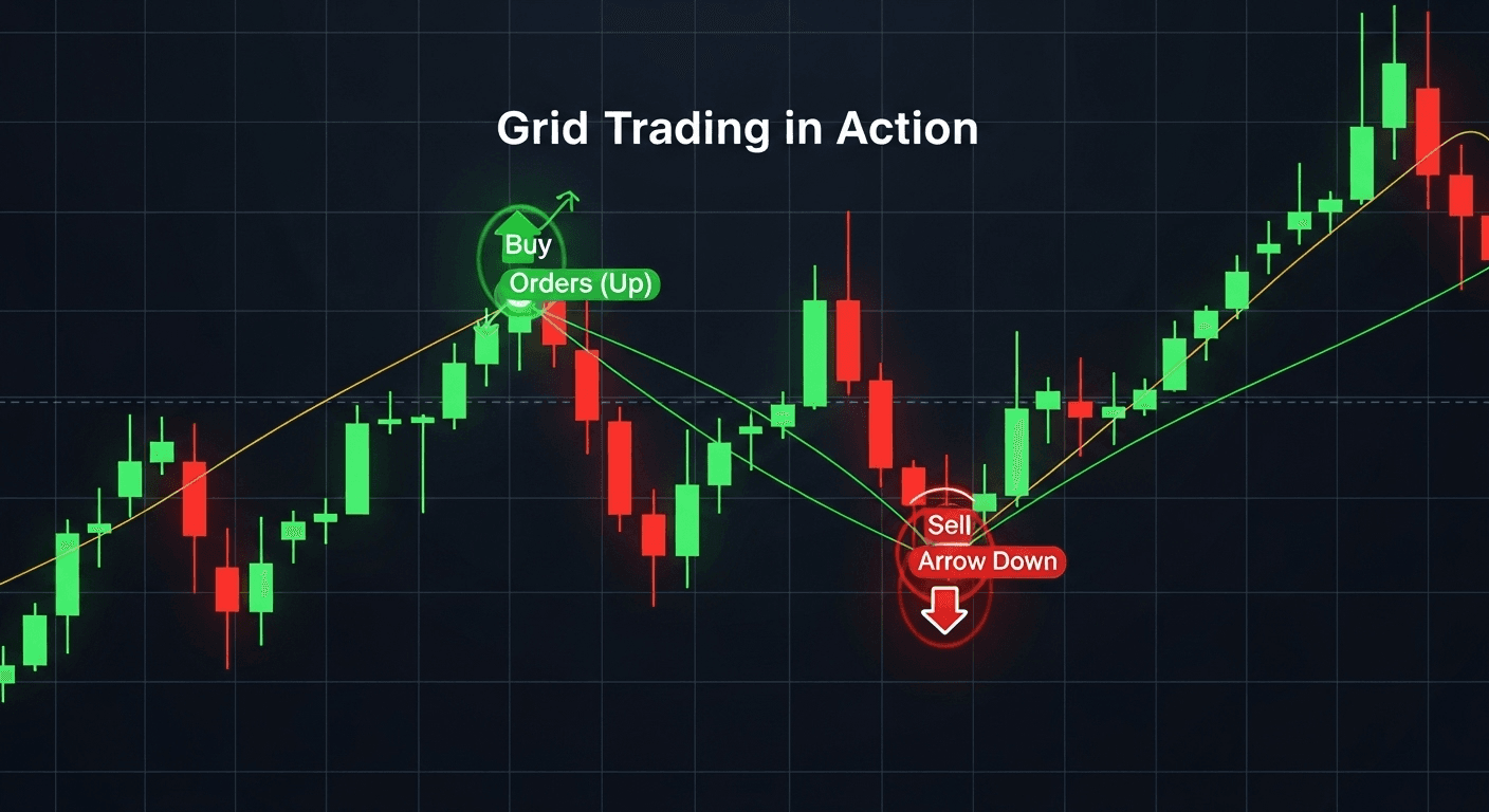 نمودار کندل استیک با خطوط سبز خرید و قرمز فروش در حال اجرا، نمادی از استراتژی Grid Trading و معاملات گرید در ارز دیجیتال.
