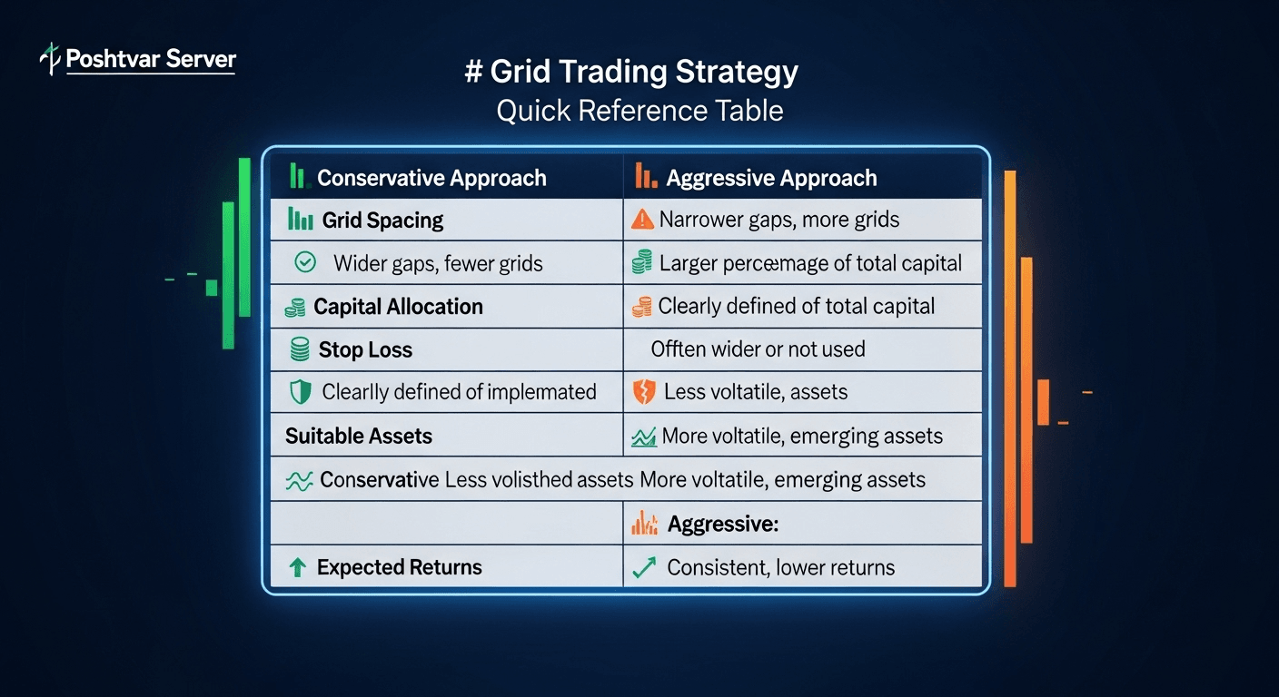 جدول مرجع سریع استراتژی Grid Trading شامل فاصله گرید، تخصیص سرمایه، حد ضرر و دارایی‌های مناسب، برای تنظیم ربات گرید تریدینگ.