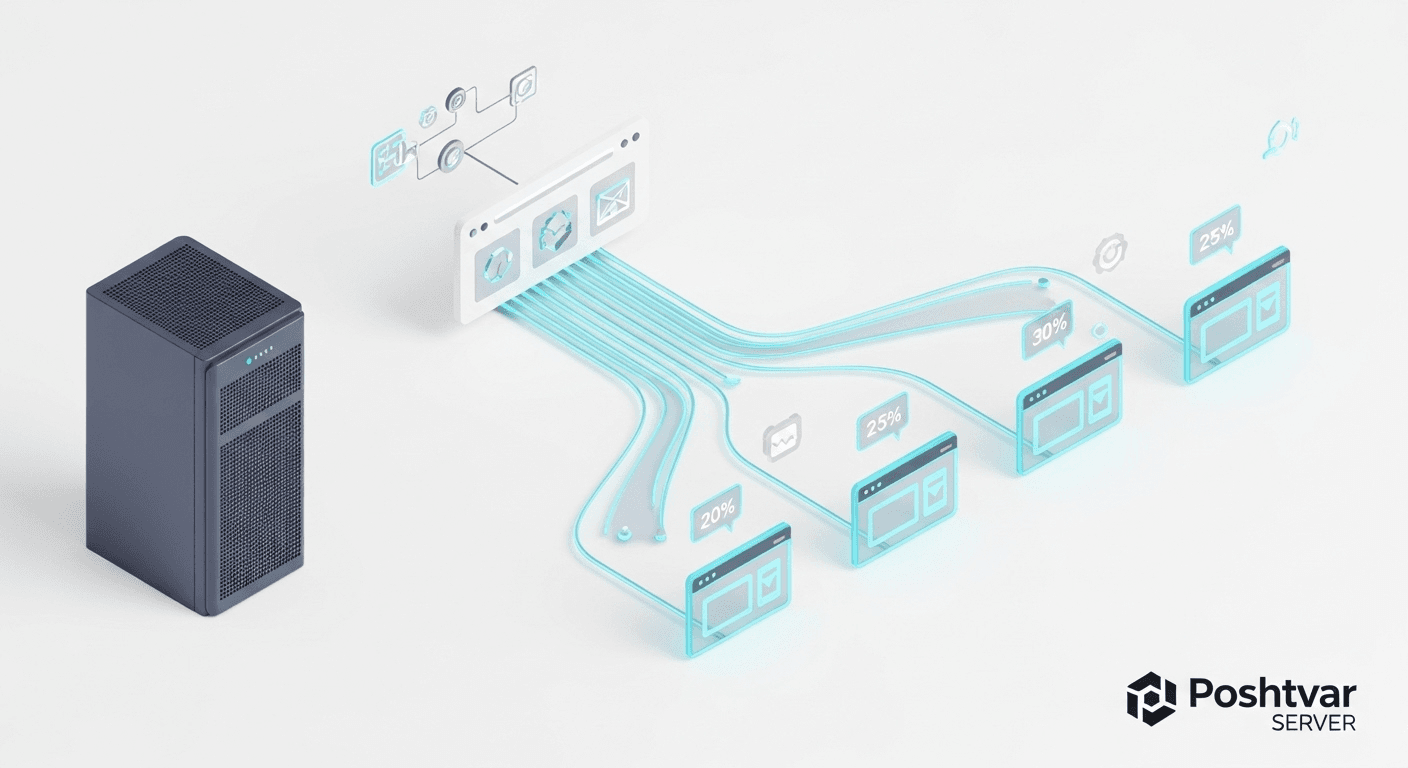 دیاگرام هنری نحوه کار هاستینگ اشتراکی و توزیع منابع سرور بین چندین وبسایت.