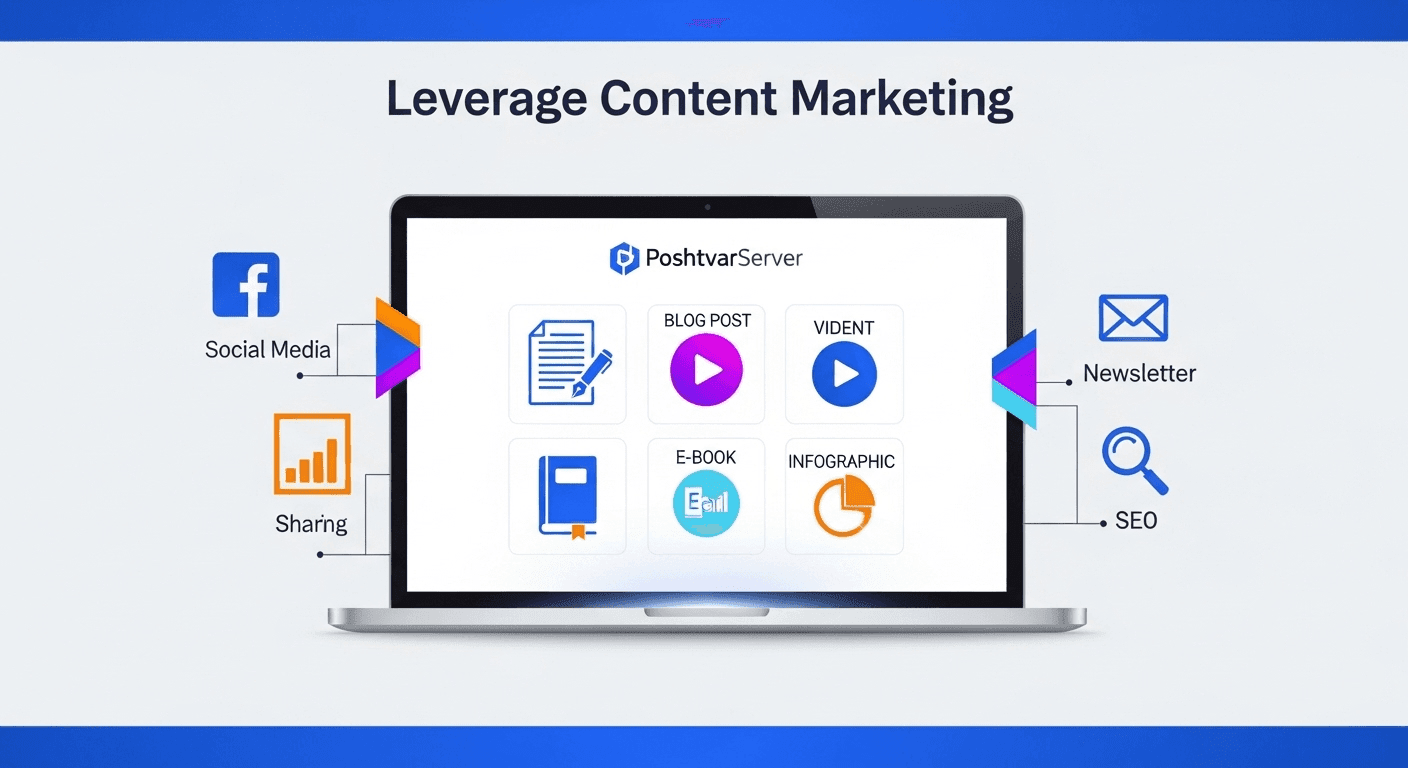 تصویر یک لپتاپ با فرمتهای مختلف محتوا و نمادهای اشتراکگذاری، نشاندهنده بهرهگیری از بازاریابی محتوایی برای افزایش ترافیک وب سایت.