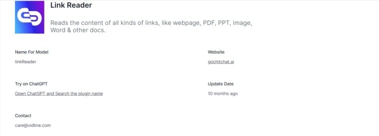 اسکرینشات پلاگین Link Reader برای ChatGPT، ابزاری برای خلاصهسازی محتوای لینکها و منابع دیجیتال، از جمله بهترین پلاگین های ChatGPT.