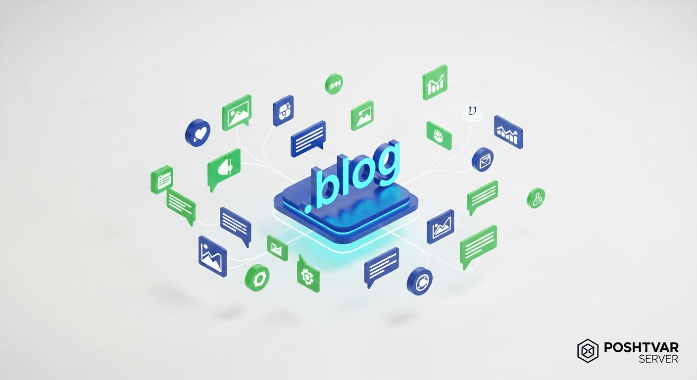 تصویر مفهومی پسوند دامنه .blog، نشاندهنده گزینههای خلاقانه برای برندسازی محتوا.