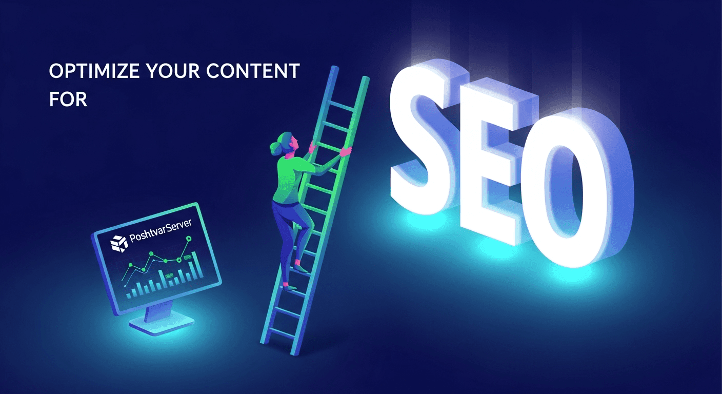 تصویر یک شخصیت در حال بالا رفتن از پلههای SEO، نمادی از بهبود سئو برای ترافیک بیشتر و افزایش ترافیک وب سایت.