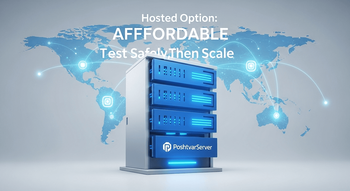تصویر یک سرور مجازی با لوگوی پشتوار سرور و نقشه جهان، نمادی از VPSهای RDP مقرون‌به‌صرفه برای تست و مقیاس‌پذیری.