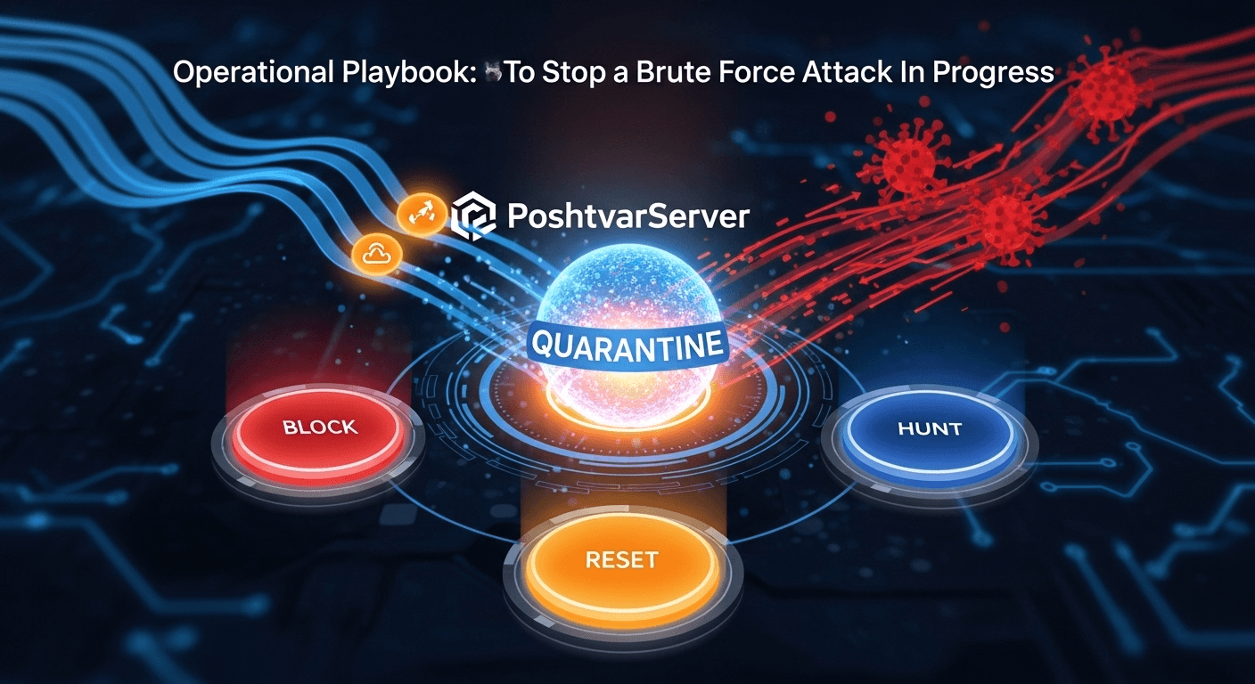 تصویر یک صفحه کنترل دیجیتال با دکمه‌های BLOCK, RESET, HUNT و کلمه QUARANTINE، نمادی از نقشه عملیاتی مقابله با حمله Brute Force RDP.