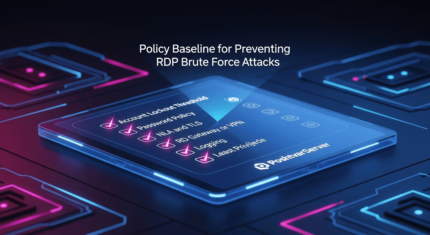 تصویر یک تبلت دیجیتال با چک لیست سیاست‌های امنیتی RDP شامل قفل حساب و NLA، بخشی از راهنمای امن‌سازی VPS ویندوز.