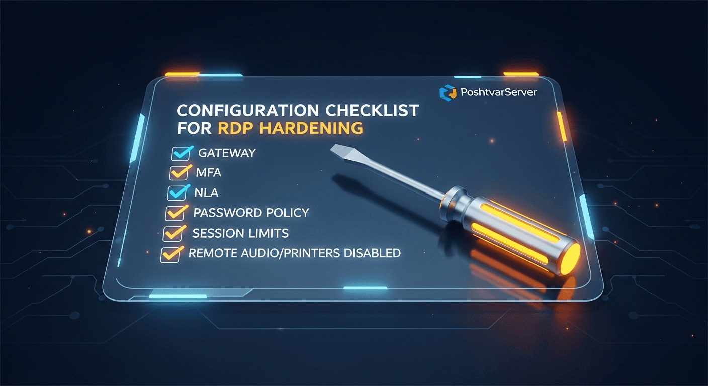 تصویر یک چک لیست پیکربندی RDP روی یک تبلت دیجیتال با تیک‌های سبز، نمادی از چک لیست امنیت سرور مجازی ویندوز.