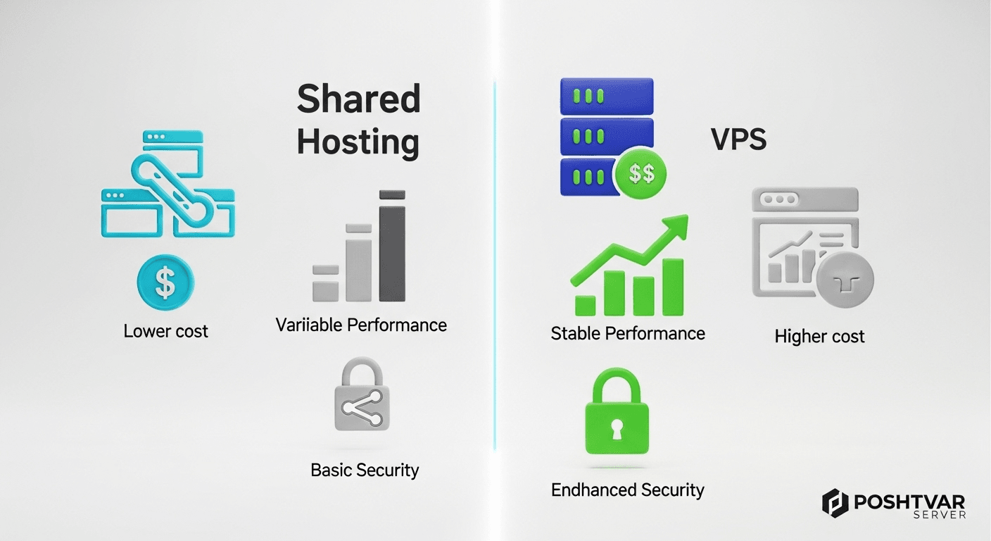 اینفوگرافیک هنری مقایسه هاست اشتراکی و سرور مجازی (VPS) از نظر هزینه، عملکرد، امنیت و مقیاسپذیری.