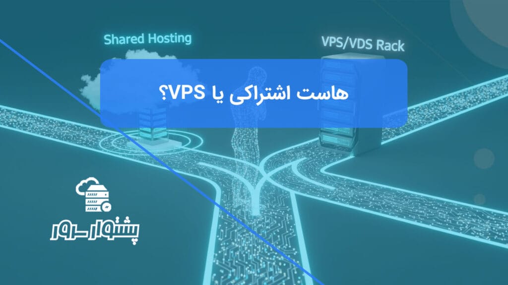 تصویر شاخص هنری از مقایسه هاست اشتراکی و VPS، نشاندهنده دوراهی انتخاب بین این دو نوع میزبانی وب.