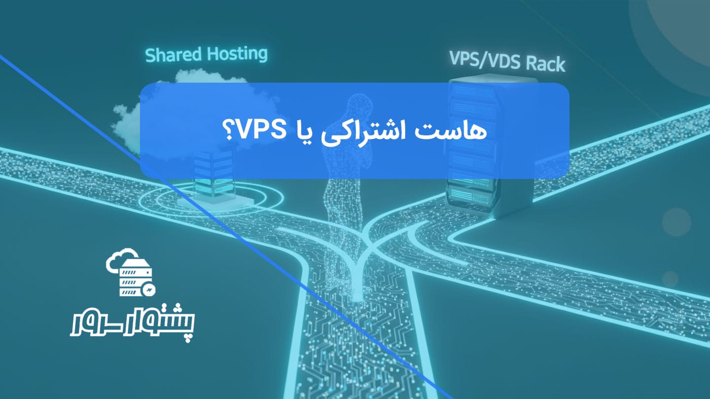 تصویر شاخص هنری از مقایسه هاست اشتراکی و VPS، نشاندهنده دوراهی انتخاب بین این دو نوع میزبانی وب.