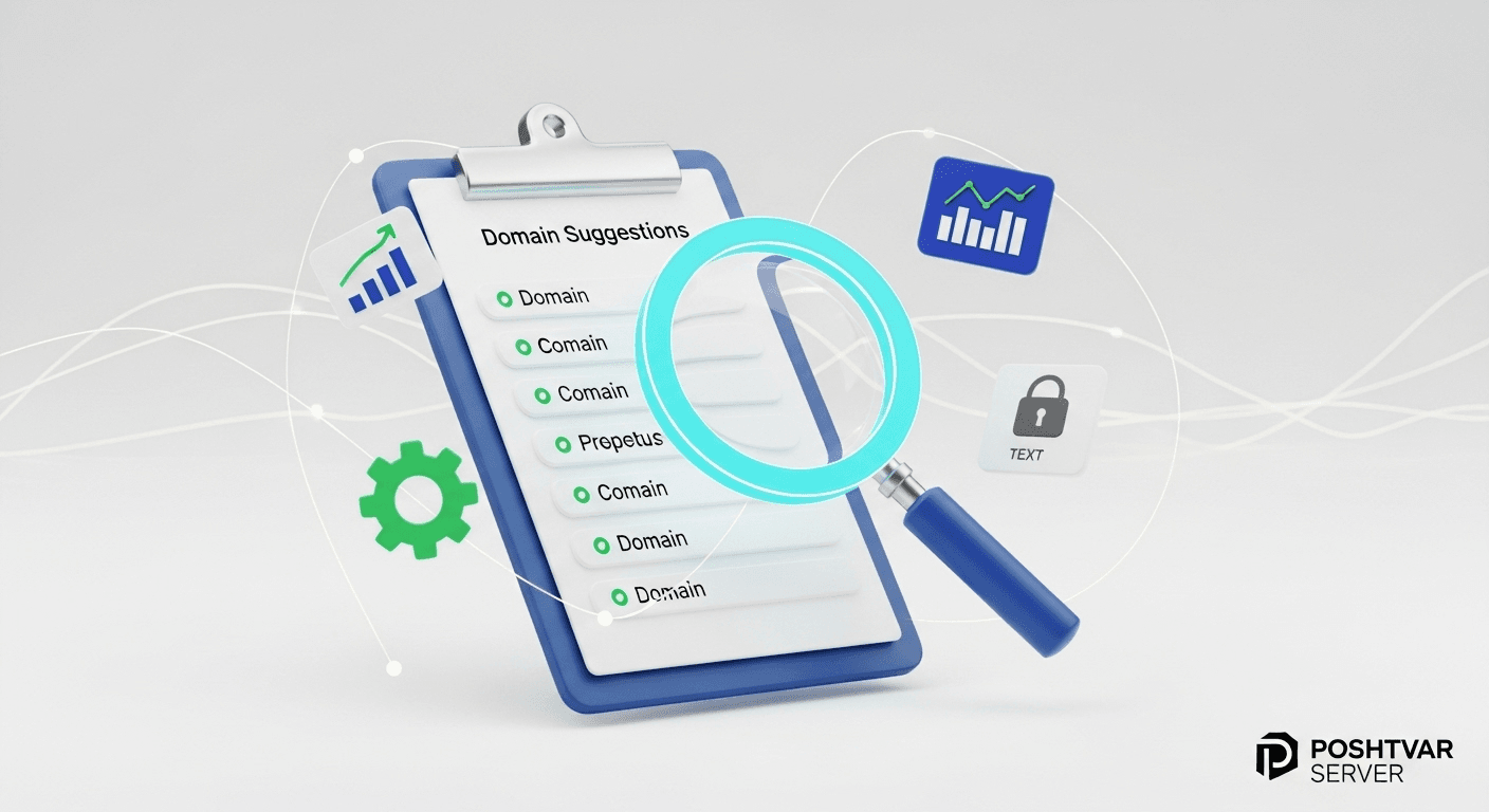 تصویر مفهومی از ابزارهای هوشمند برای انتخاب بهترین دامنه، شامل ذرهبین، چرخدنده بهینهسازی و قفل امنیت.