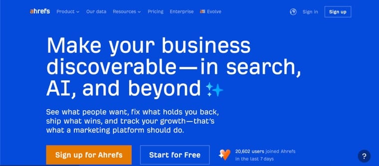 اسکرین‌شات از صفحه اصلی Ahrefs که به ابزارهای هوش مصنوعی برای بهینه‌سازی سئو و تحلیل سایت وردپرس اشاره دارد.