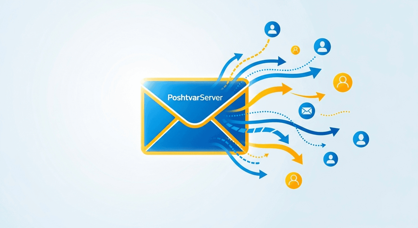 تصویر یک پاکت نامه درخشان که ایمیلها را به کاربران مختلف ارسال میکند، نمادی از بازاریابی ایمیلی برای افزایش ترافیک وب سایت.